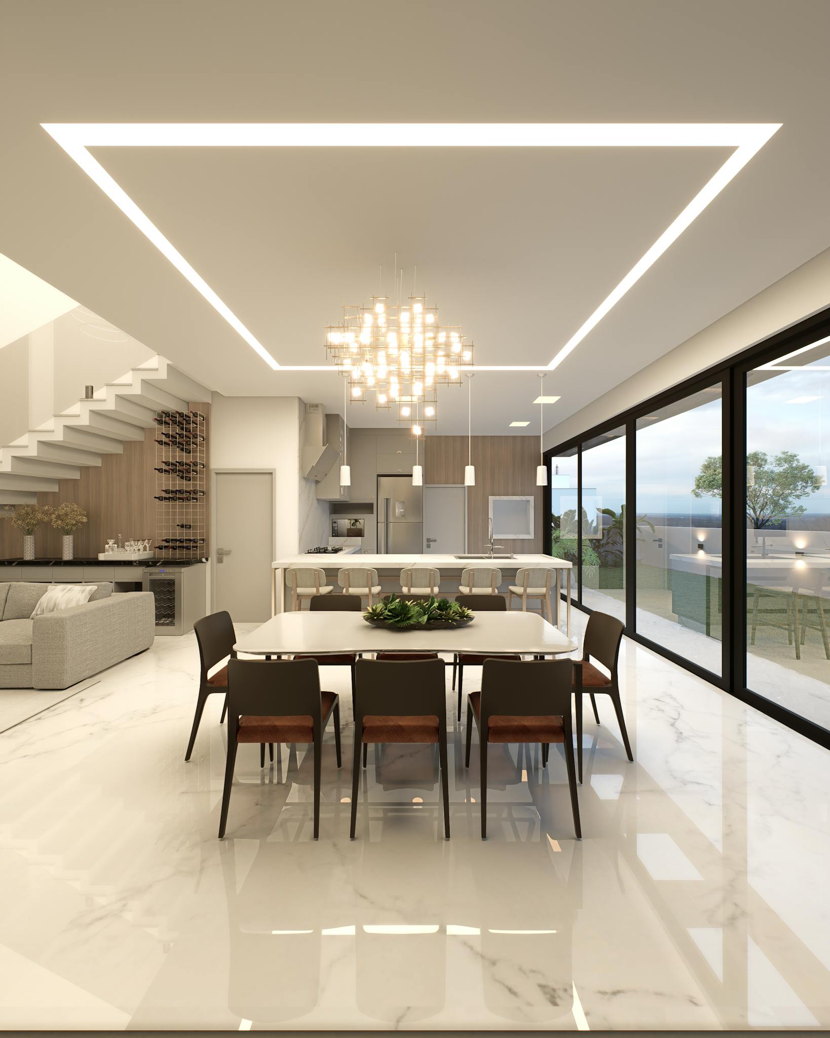 Sleek contemporary interior design featuring an open-plan kitchen and dining area with elegant lighting.